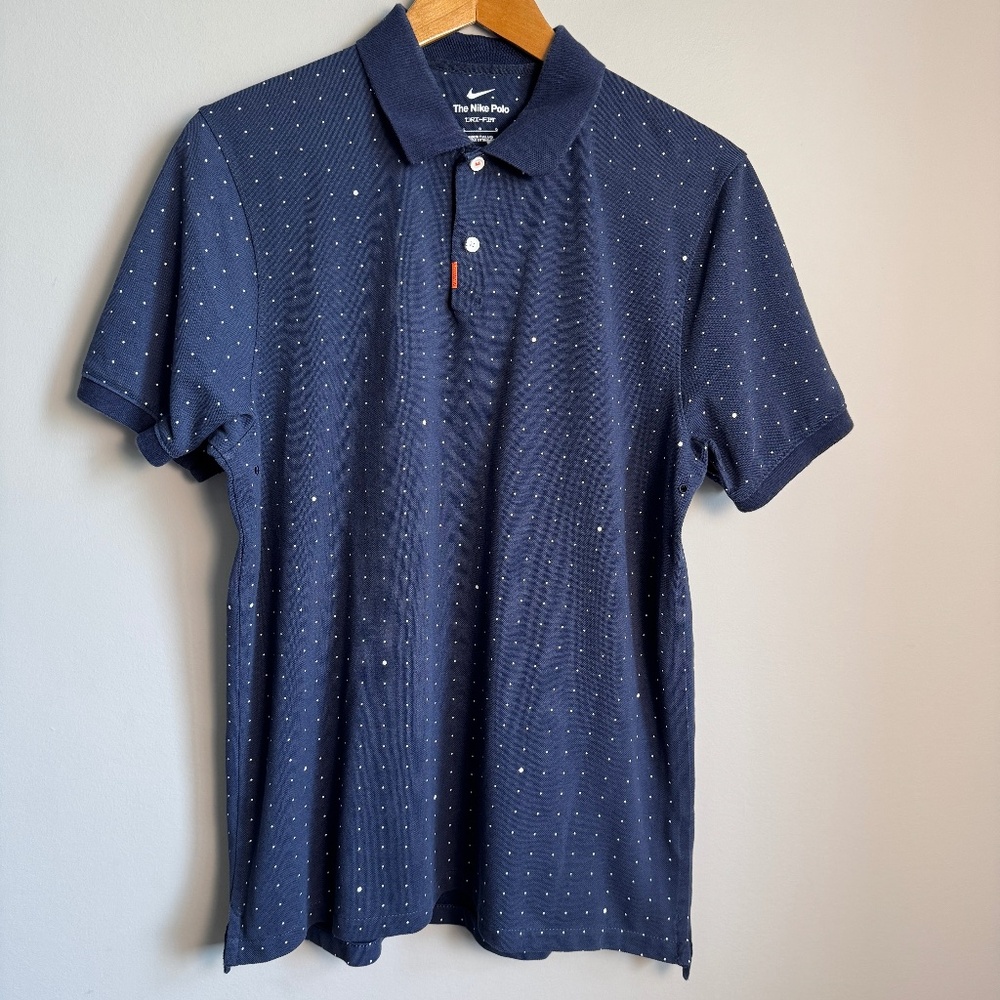 The Nike Polo Dri-Fit Men's Polka Dot Short Sleeve Casual Golf‎ Polo Navy Large